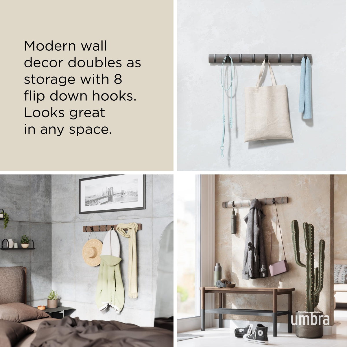 Umbra Flip Coat Rack, Wall Mount 8-Hook, Space Saving, White