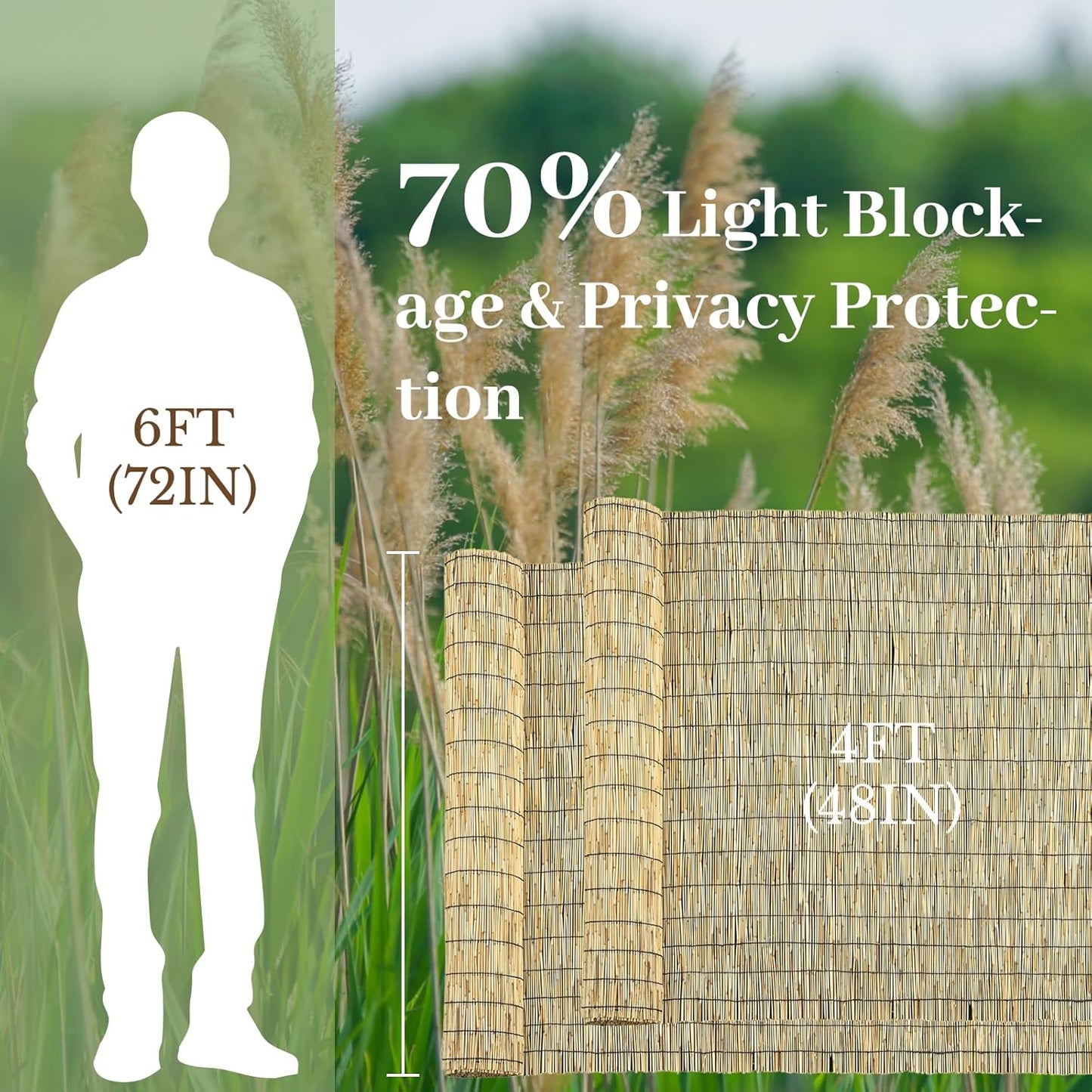 Natural 2 Pack 4FT X 16.4FT Reed Fencing Roll, Balcony Privacy Shade Reed Bamboo Fencing Garden