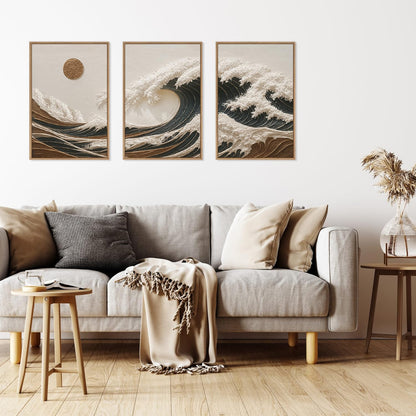 HLNIUC Sea Wave Framed Canvas Wall Art,Abstract Sun Seascape Wall Decor Set of 3(16”x24”) Large