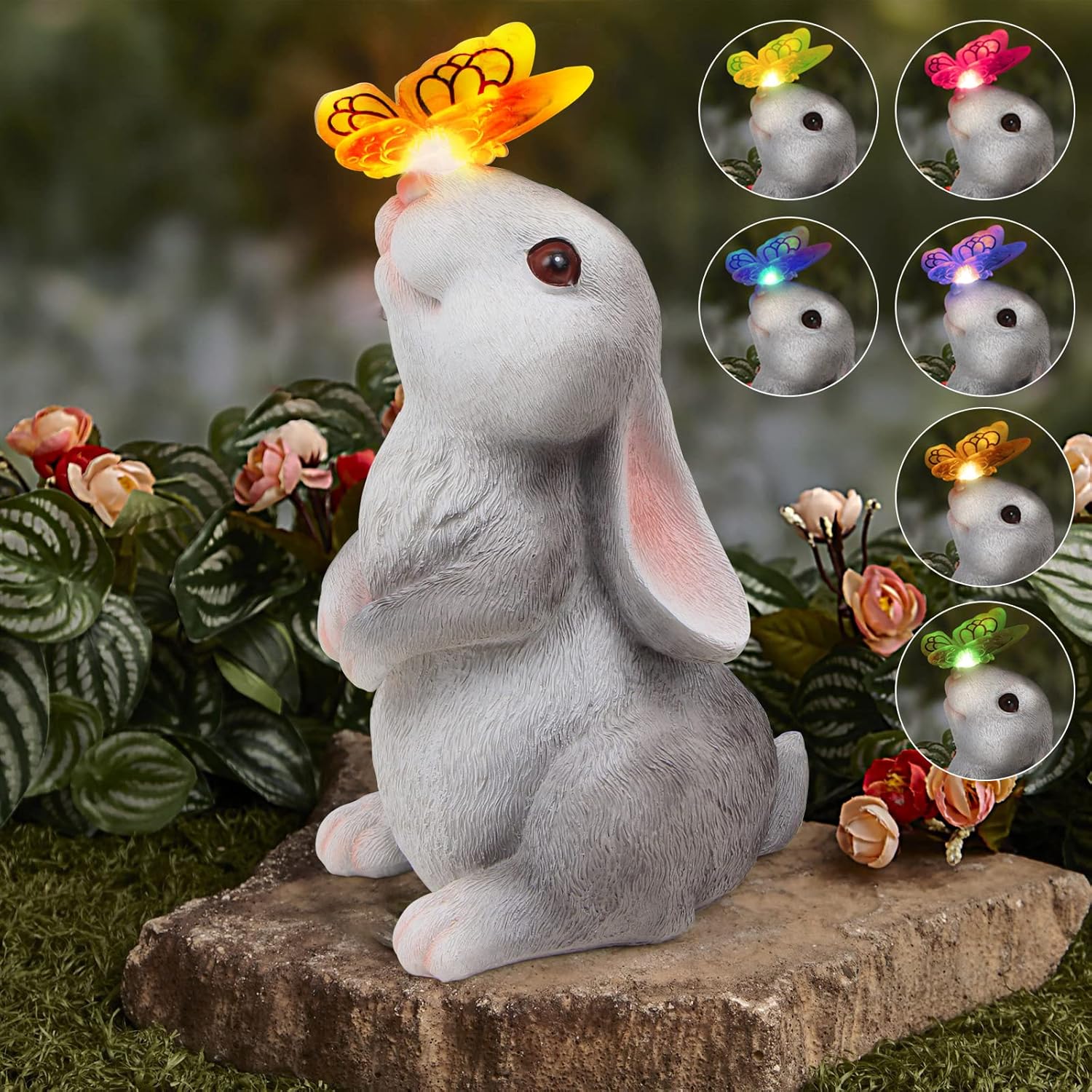 Garden Statue Outdoor Decor-Rabbit with Solar Butterfly Changing Lights Garden Statues,Bunny Statue