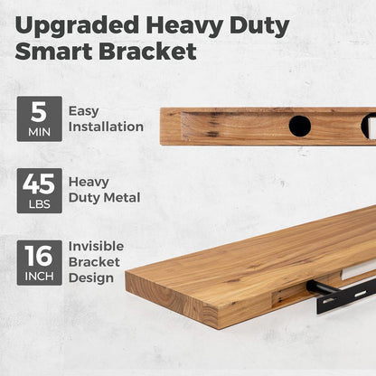 RICHFOCUS Elm Floating Shelves for Wall - 24" W x 9.3" D Rustic Solid Wood Shelves with Invisible