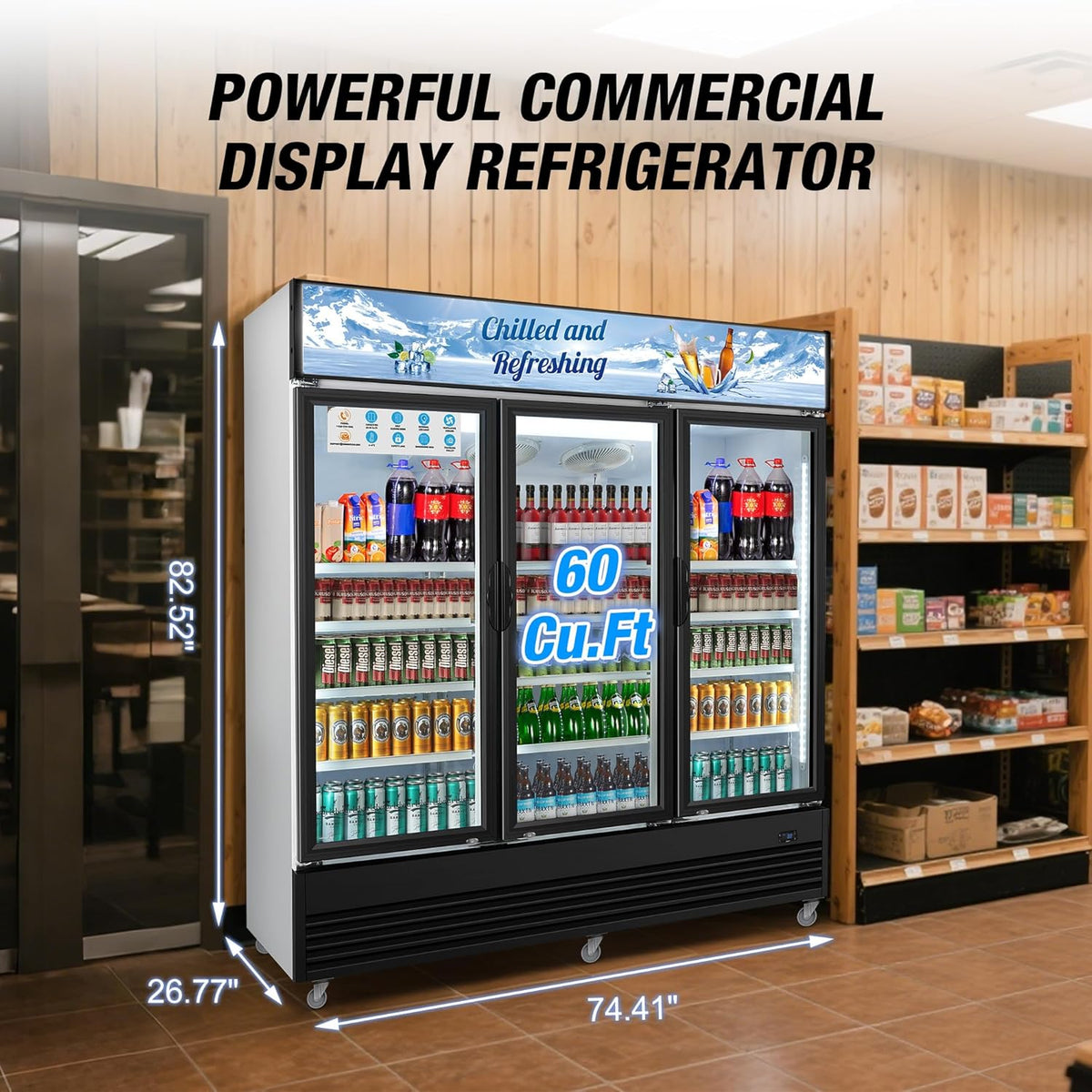 Commercial Beverage Refrigerator, 75" W 60 Cu. Ft. Commercial Drink Fridge, Display Refrigerator