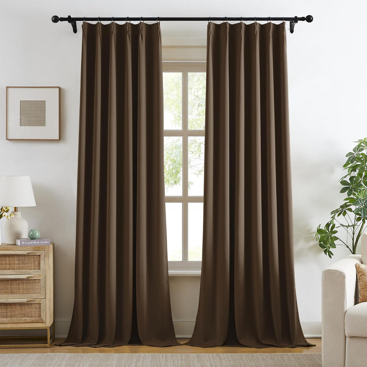 KangBang Brown Pinch Pleated Blackout Curtains 108 Inches Long for Hall Windows, Sound Dampening