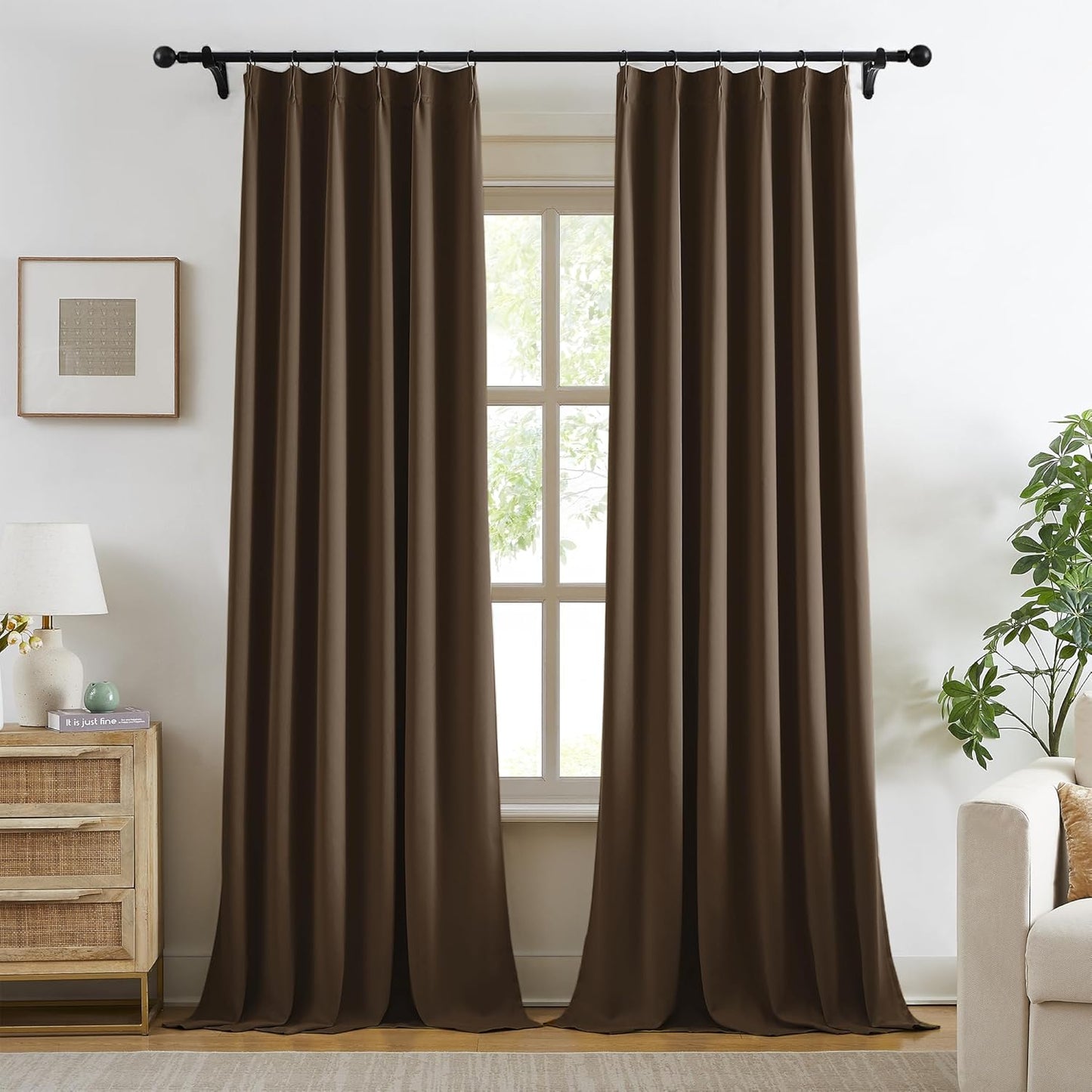 KangBang Brown Pinch Pleated Blackout Curtains 120 Inches Long for Hall Windows, Sound Dampening