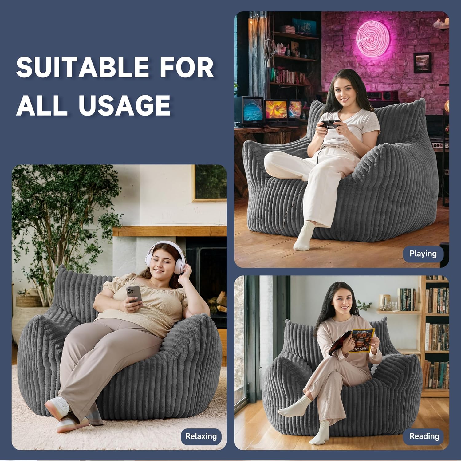 Oversized Bean Bag Chair for Adults, Giant Comfy Plush Boneless Bean Bag Couch with Filler for Kids