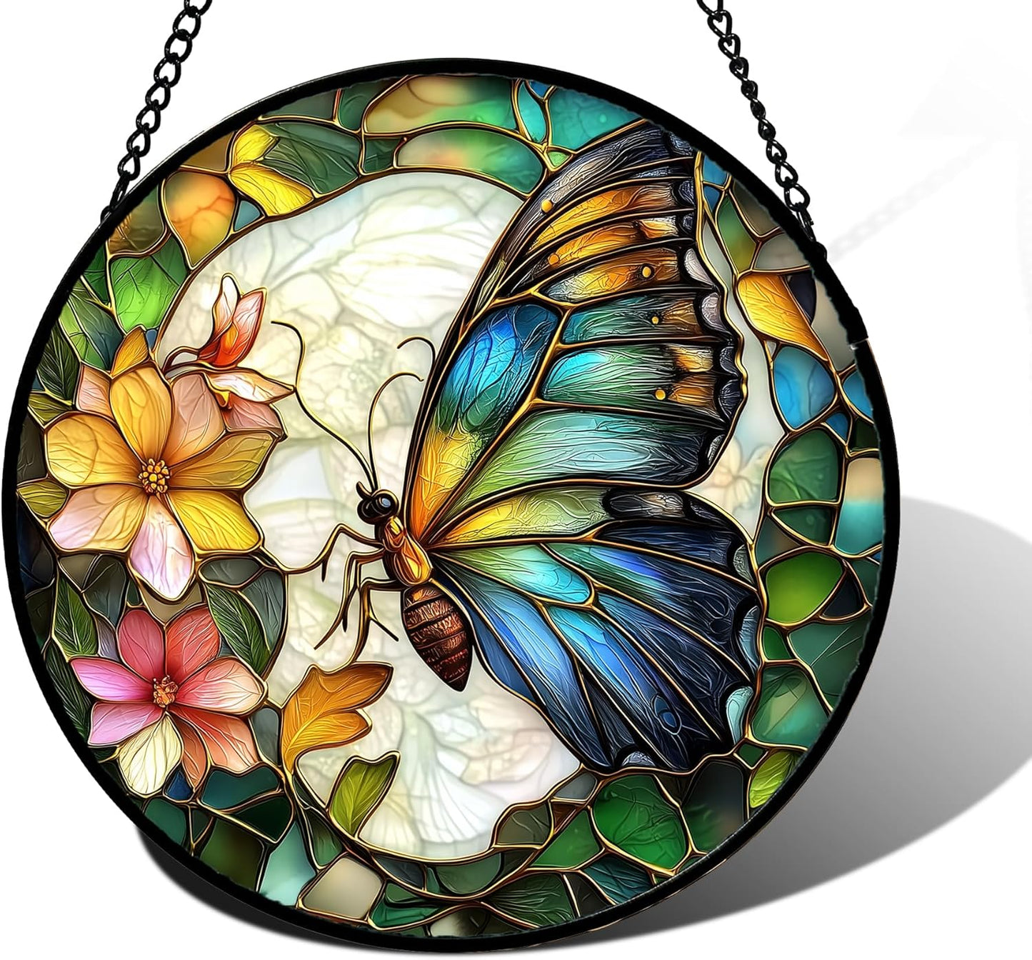 Stained Glass Window Hanging, Butterfly Flower Sun Catchers Diamond Glass Panel Hangings Insect