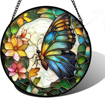 Stained Glass Window Hanging, Butterfly Flower Sun Catchers Diamond Glass Panel Hangings Insect