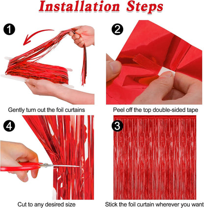 4 Pack Red Backdrop, 3.28 FT x 7.05 FT Party Streamer, Metallic Birthday Tinsel Backdrop Foil