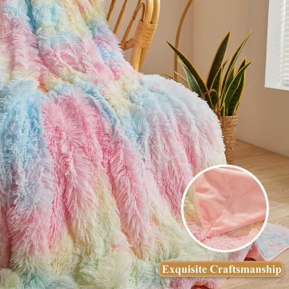 XeGe Plush Faux Fur Rainbow Throw, Tie Dye 50x60 Shaggy Furry Blanket, Fluffy Microfiber Velvet