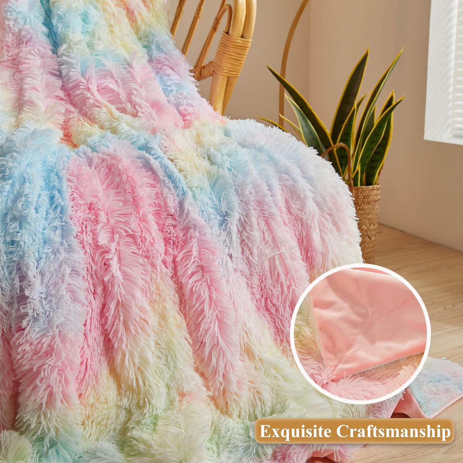 XeGe Luxury Faux Fur Blanket, Rainbow Soft Big Fluffy Throw, Shaggy Plush Decorative Couch Throw