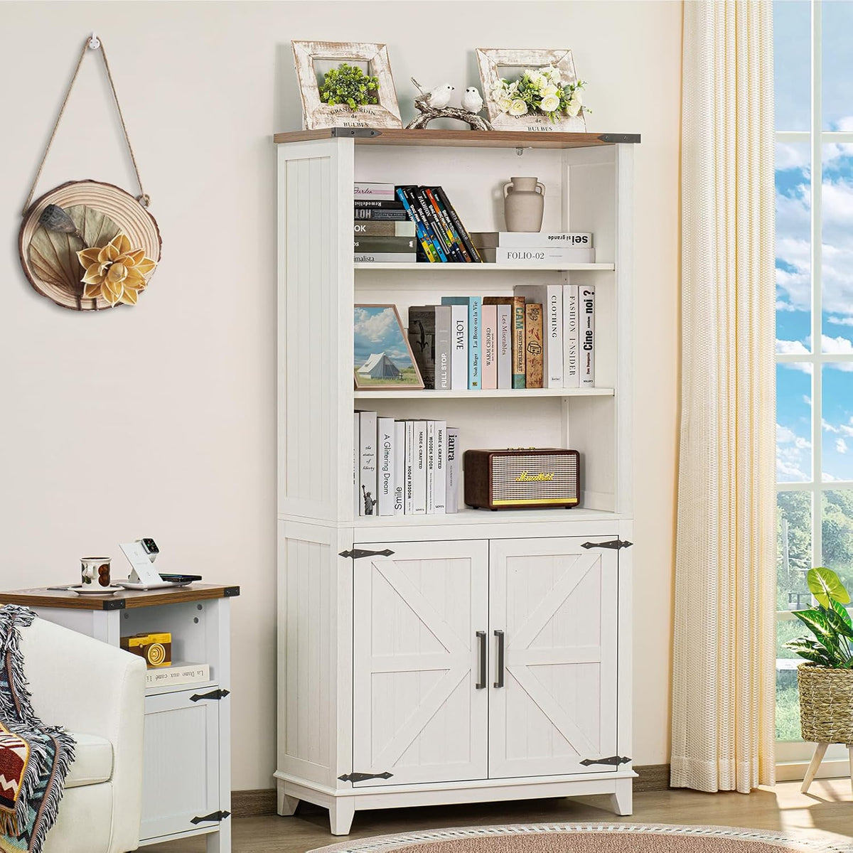 70in Tall Bookshelf 5 Tier Bookcase with Barn Doors and Storage Cabinet, White Farmhouse Book Shelf
