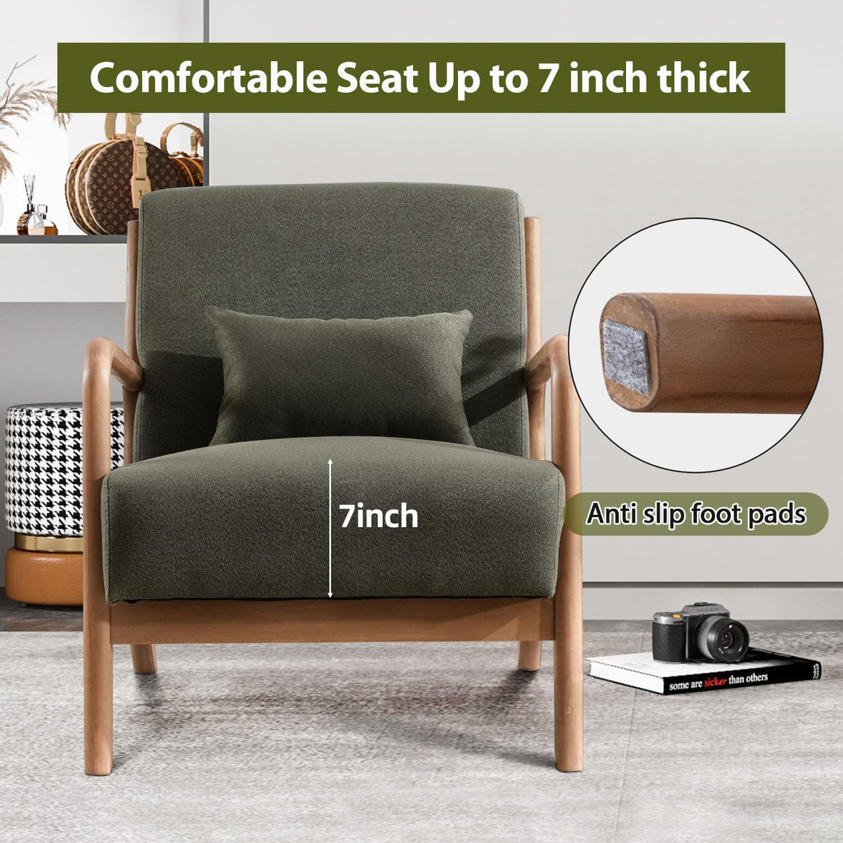 INZOY Mid Century Modern Accent Chair with Wood Frame, Upholstered Living Room Chairs with Waist