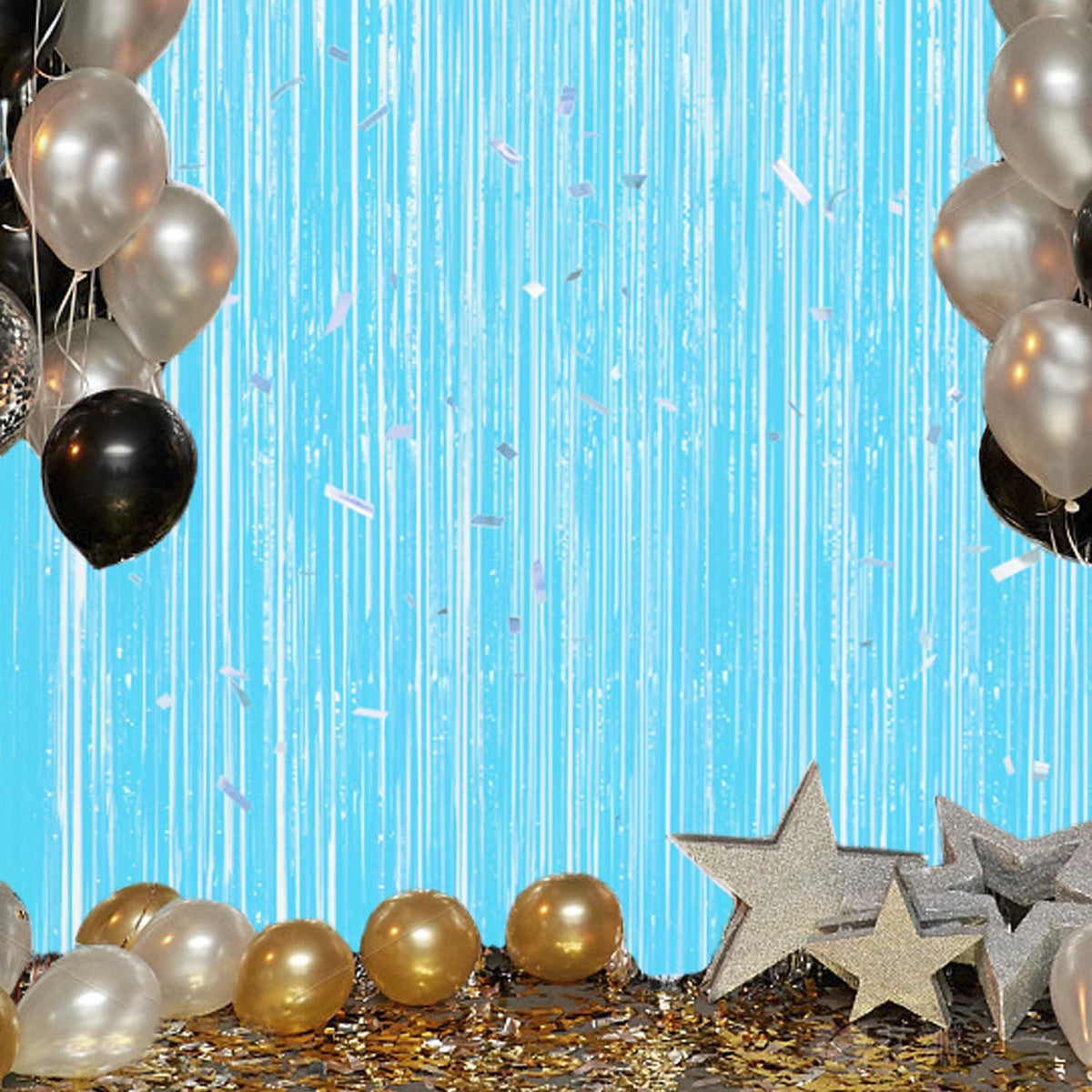 3 Pack Foil Fringe Backdrop - Pastel Blue Shiny Tinsel Curtains for Party Decoration/Photo Booth