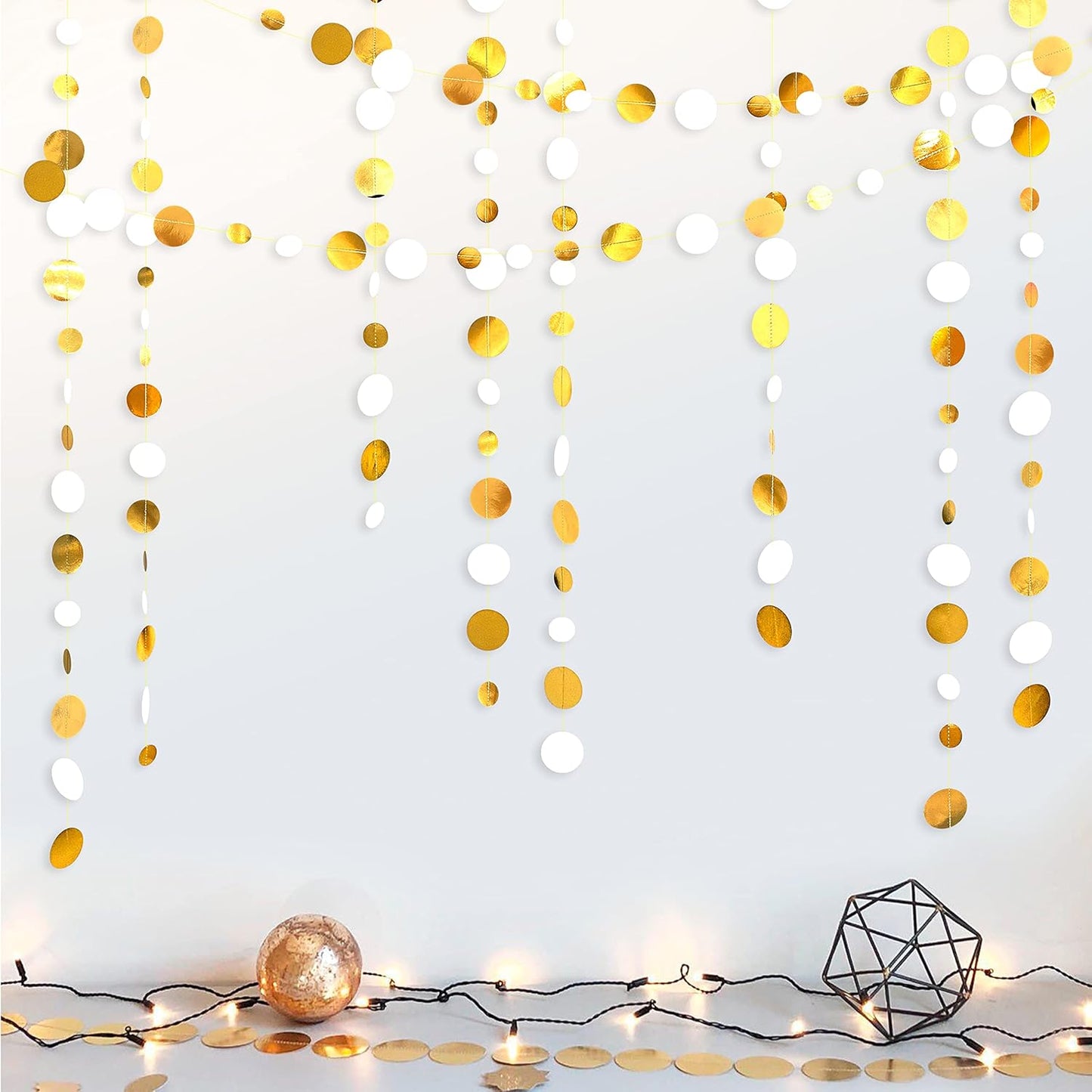 46 Feet White and Gold Circle Dots Garland Hanging Paper Polka Dots Streamer for Birthday