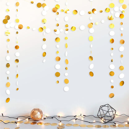 46 Feet White and Gold Circle Dots Garland Hanging Paper Polka Dots Streamer for Birthday