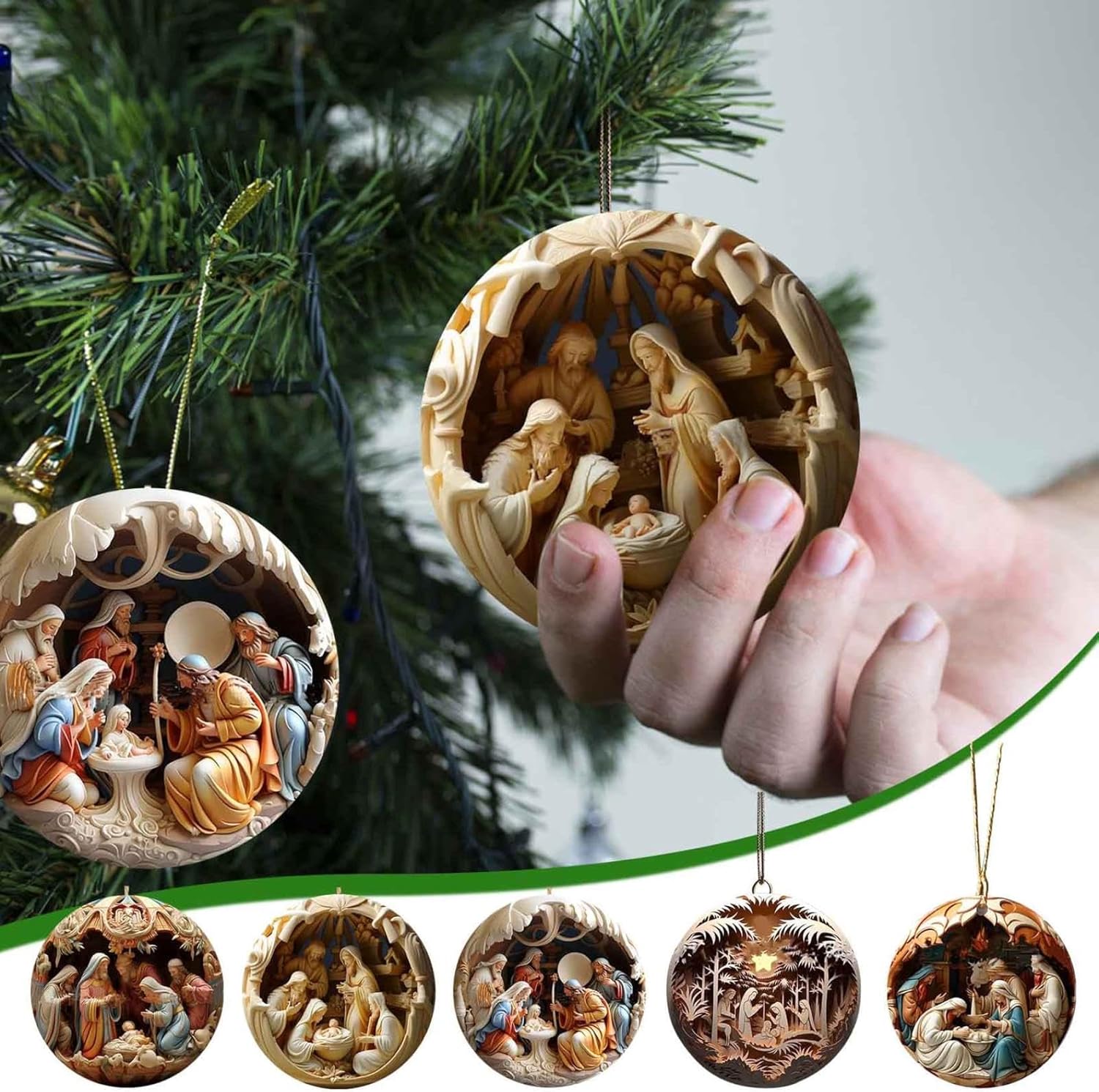 6 Pack Nativity Scene Ornaments - 3.15'' Diameter & Gifts Boxed Keepsake | Christmas Tree Nativity