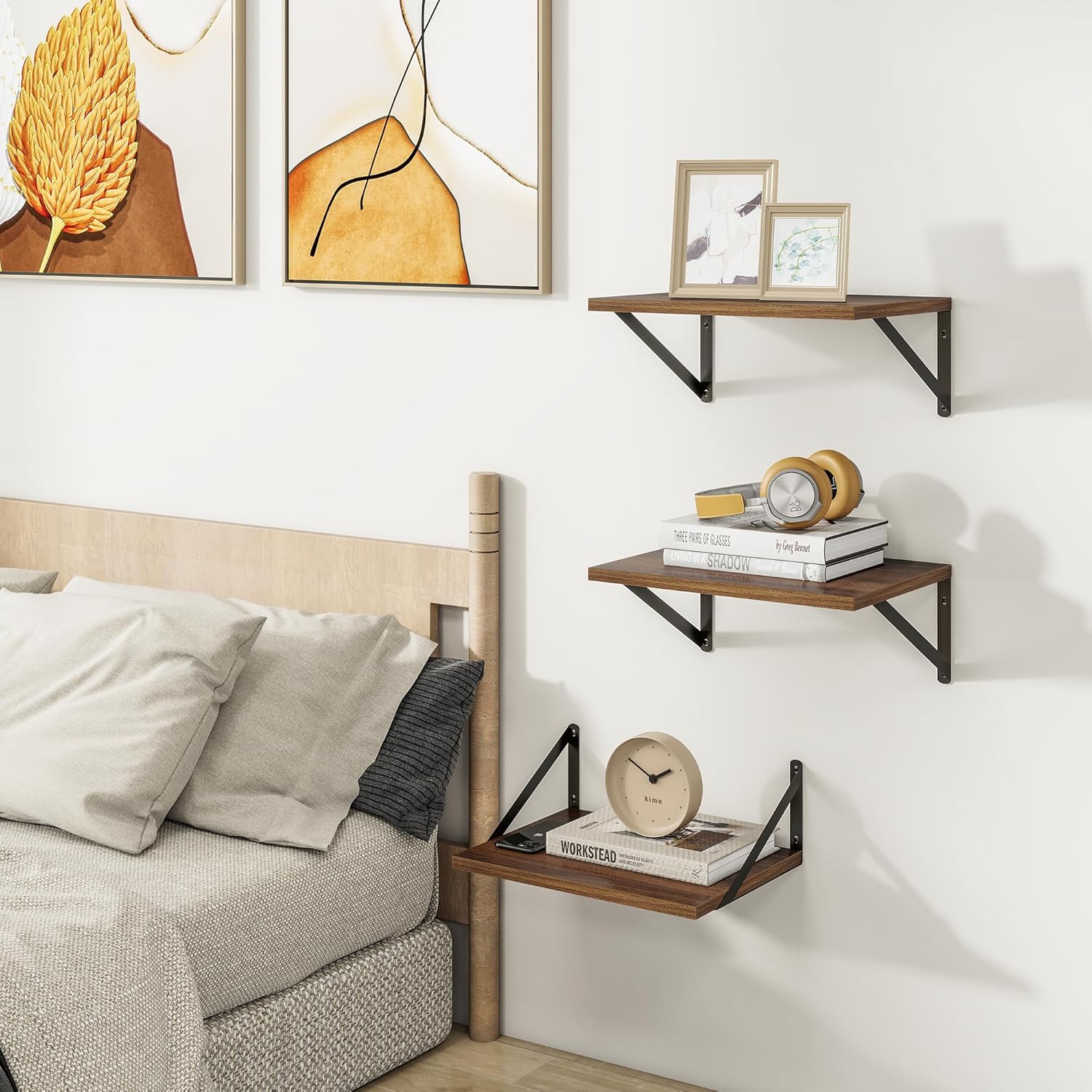 Heimlove Deep Floating Shelves for Wall, 12 Inch Deep Floating Shelves Set of 3, 16W x 12D Wood