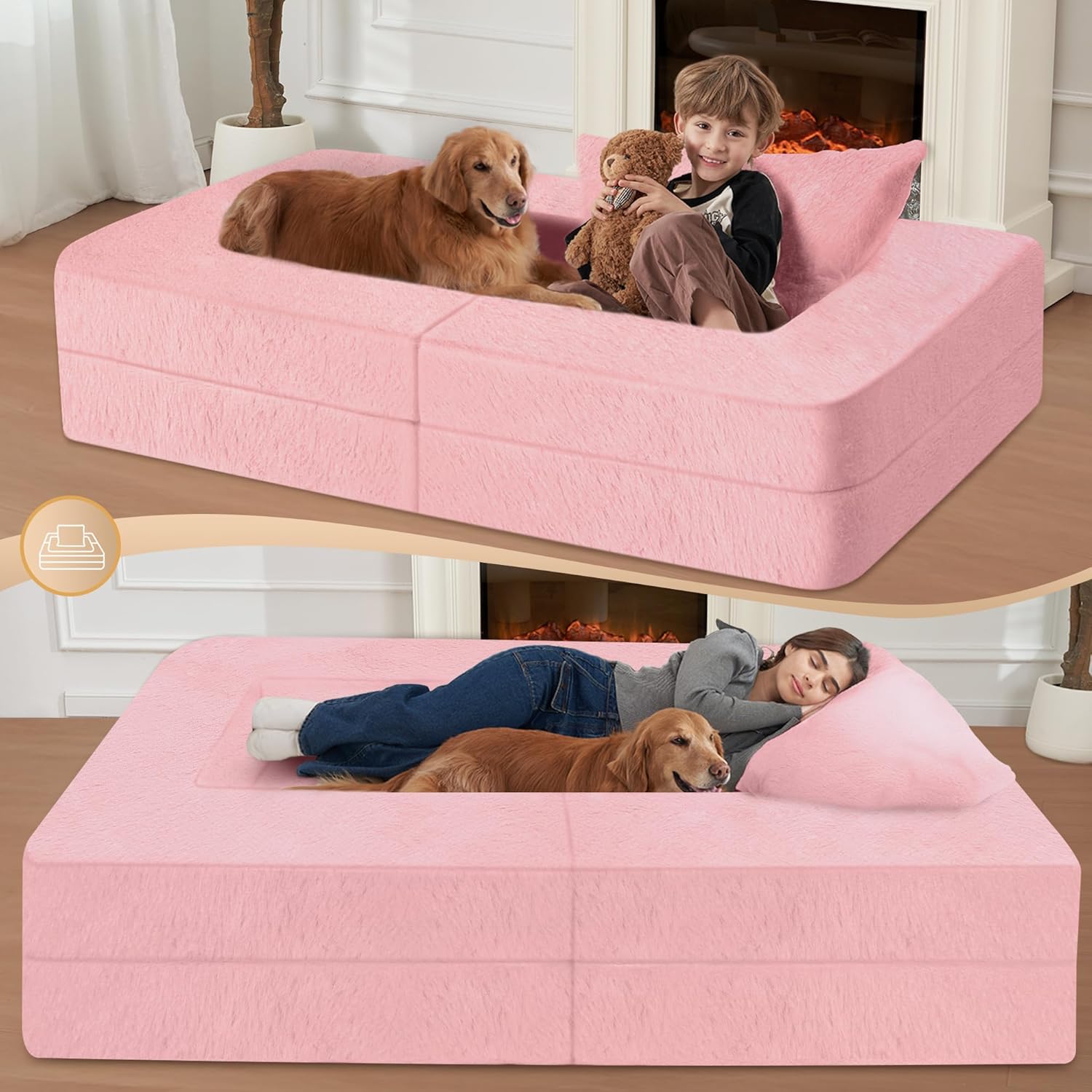 Folding Bean Bag Chair for Adults,3-in-1 Bean Bag Couch Faux Fur Floor Sofa Large Beanbag