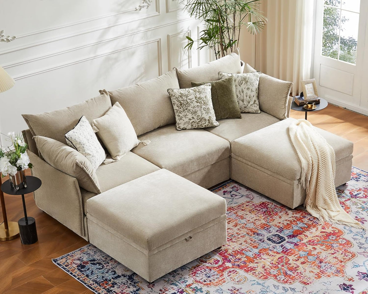 102.6" U Shaped Modular Sectional Sofa, 5 Seater Couch with Storage Ottoman Deep Seat and High