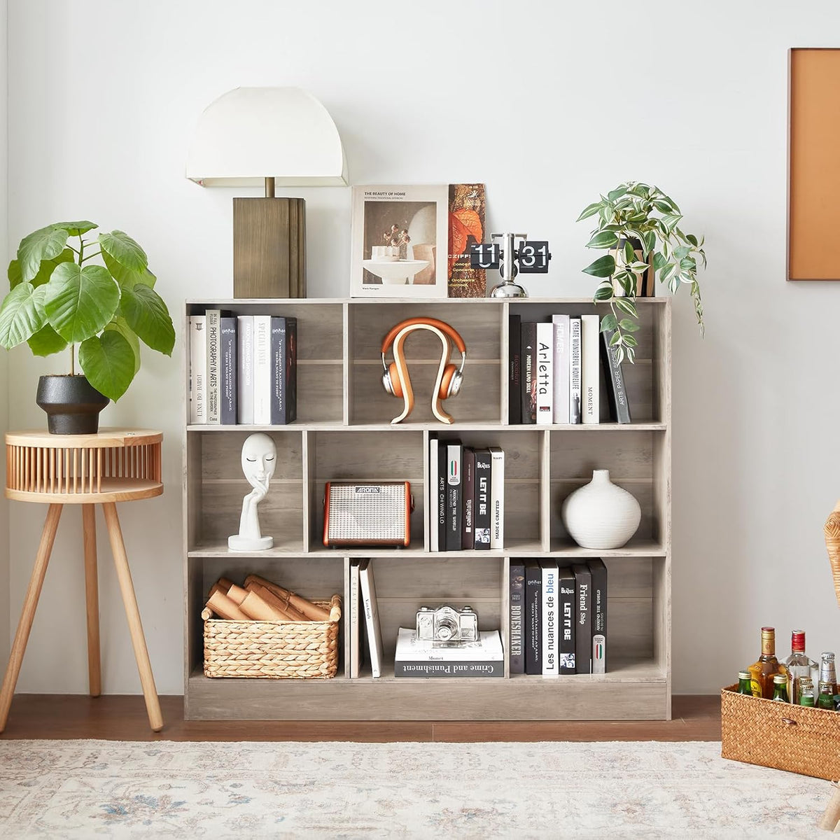 LEYAOYAO 10 Cube Bookshelf with Base,3 Tier Mid-Century Modern Grey Bookcase,Standing Wide