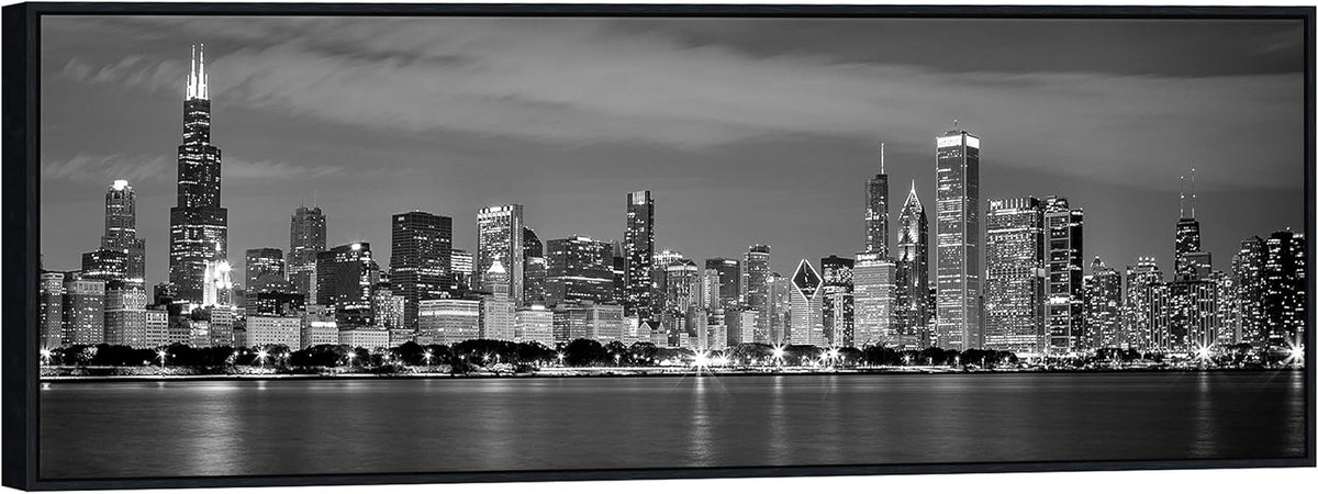 Wieco Art Framed Wall Art Chicago City Center Skyline Black and White Wall Decor Canvas Prints