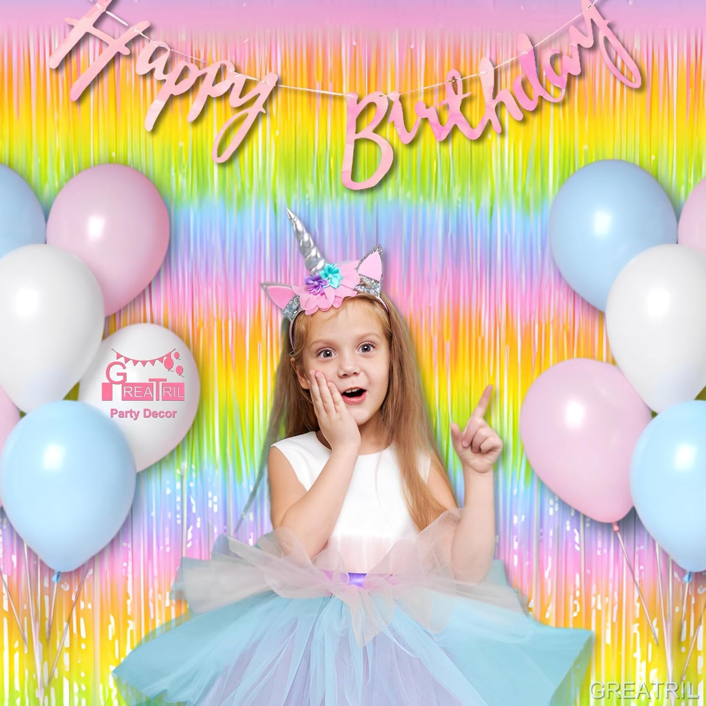 Gradient Pastel Foil Fringe Curtain - GREATRIL Pastel Color Backdrop Streamers for Kids