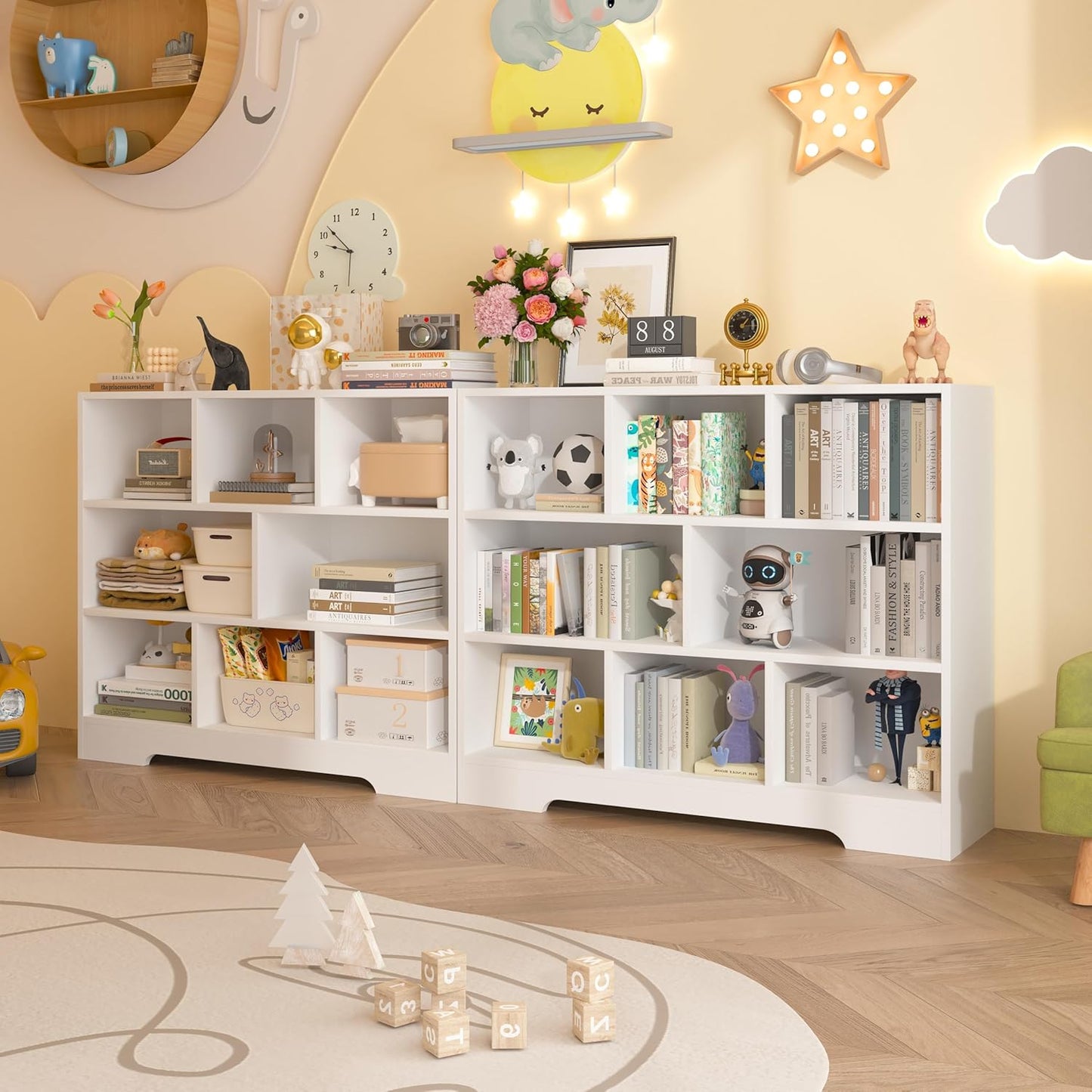 Book Shelf Set of 2, 8 Cubes Storage Organizer, 3-Tier Open Shelf Wooden Bookcase, Freestanding