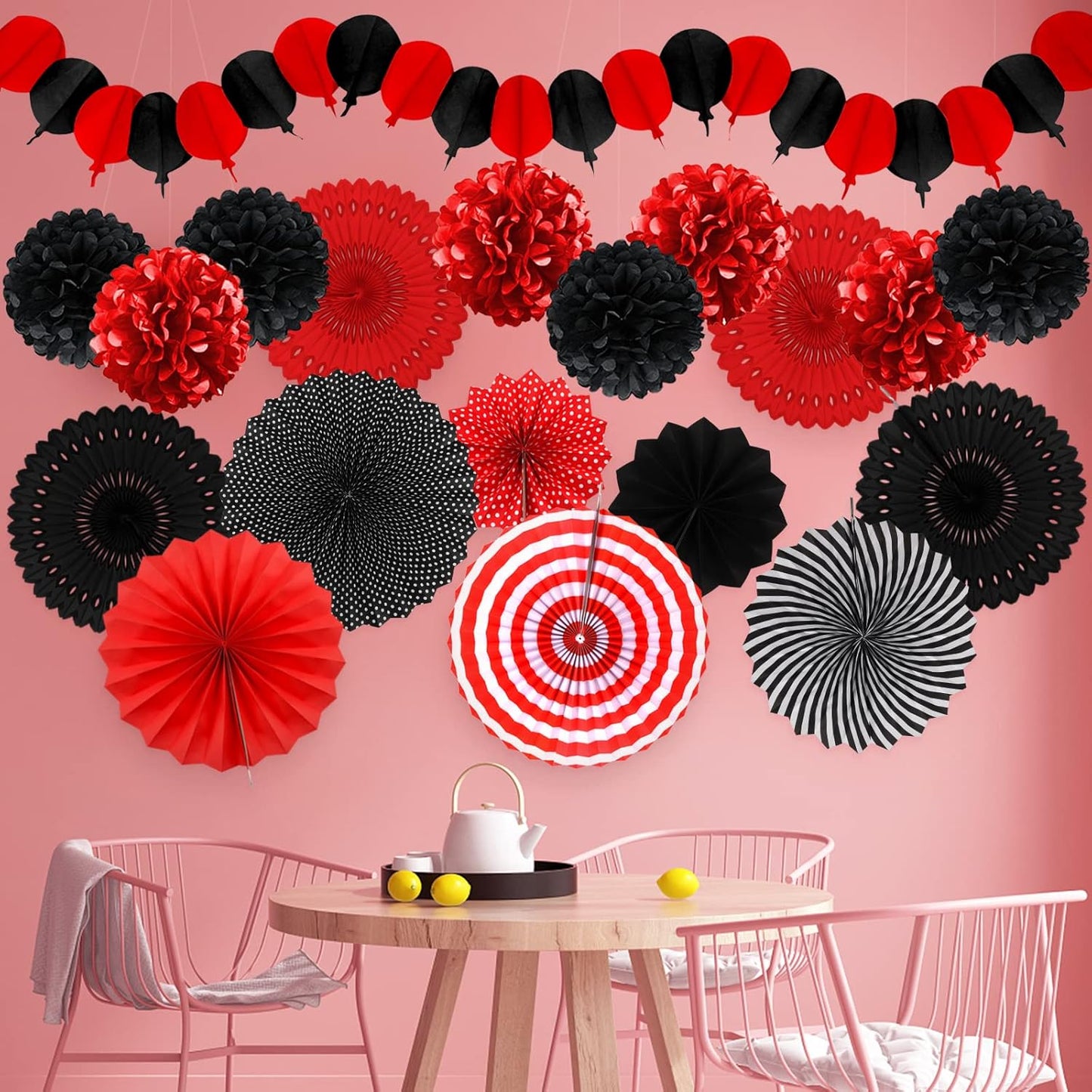 Red and Black Party Decorations, Papar Fans Pompoms Fans Garlands for Birthday Wedding Graduation