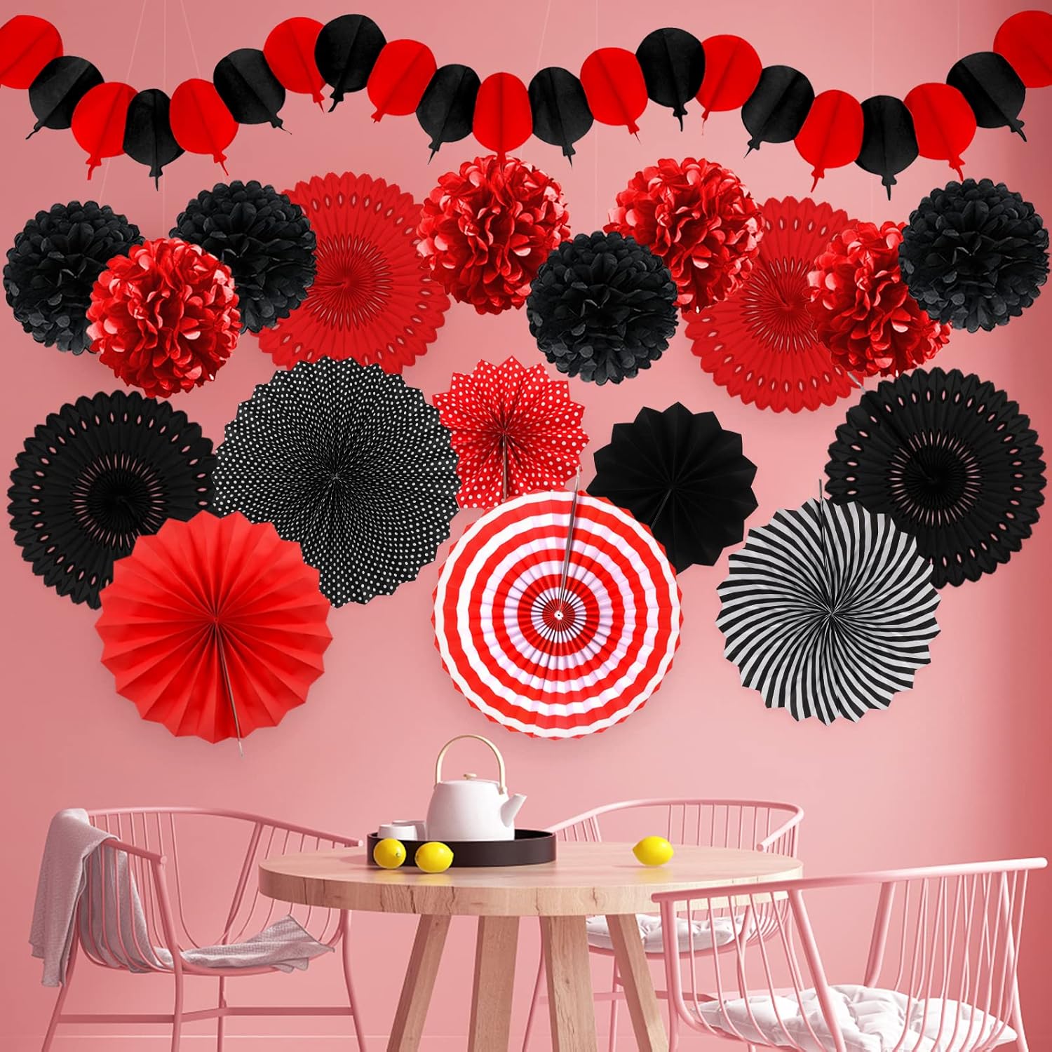 Red and Black Party Decorations, Papar Fans Pompoms Fans Garlands for Birthday Wedding Graduation