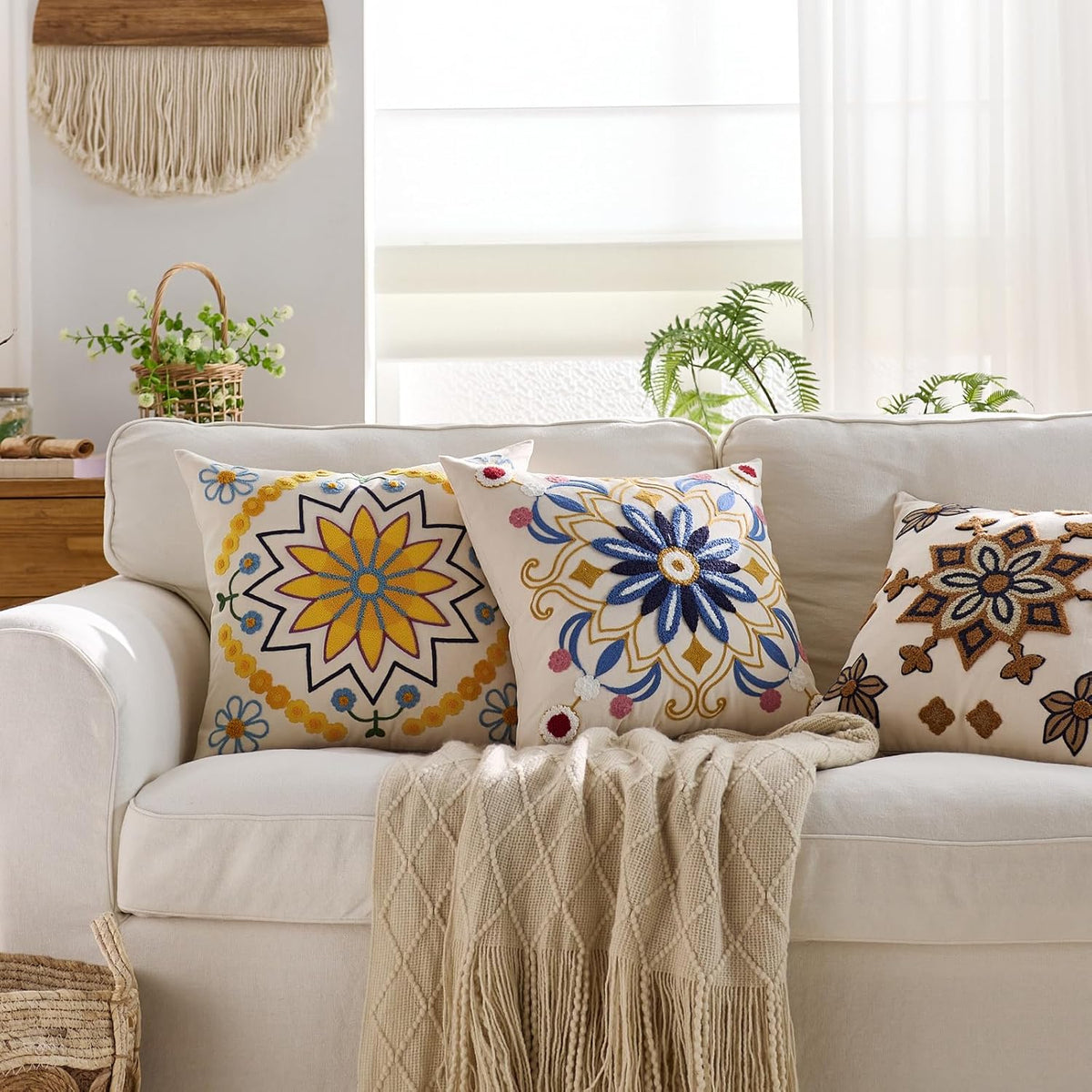 Embroidered Throw Pillow Cover 18x18 Classic Boho Floral Pattern Pillows Cover Outdoor Decorative