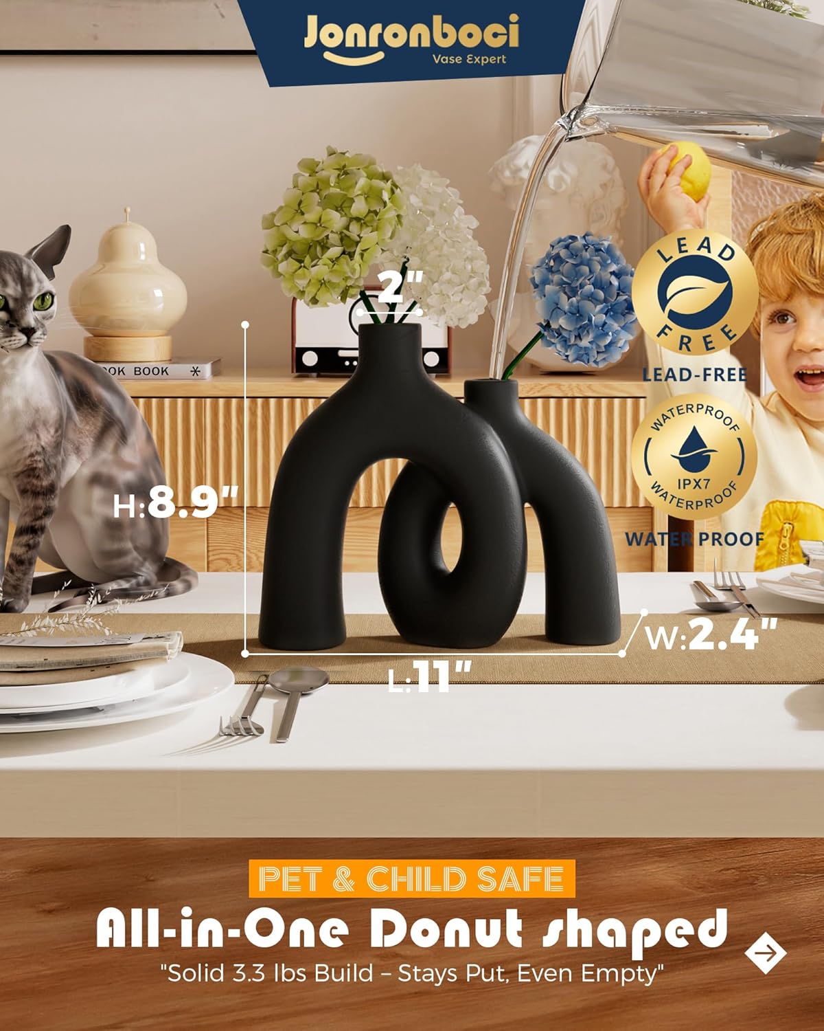 Matte Black Vase Set - Hug Hollow Donut Aesthetic Ceramic Vases Home Decor, Modern Nordic