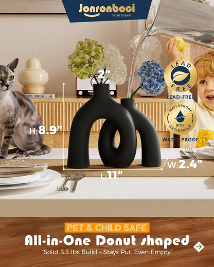 Matte Black Vase Set - Hug Hollow Donut Aesthetic Ceramic Vases Home Decor, Modern Nordic