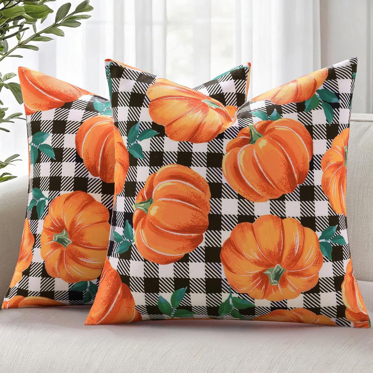 decorUhome Fall Orange Pumpkin Decorative Throw Pillow Covers 16x16 Set of 2, Buffalo Plaid Check