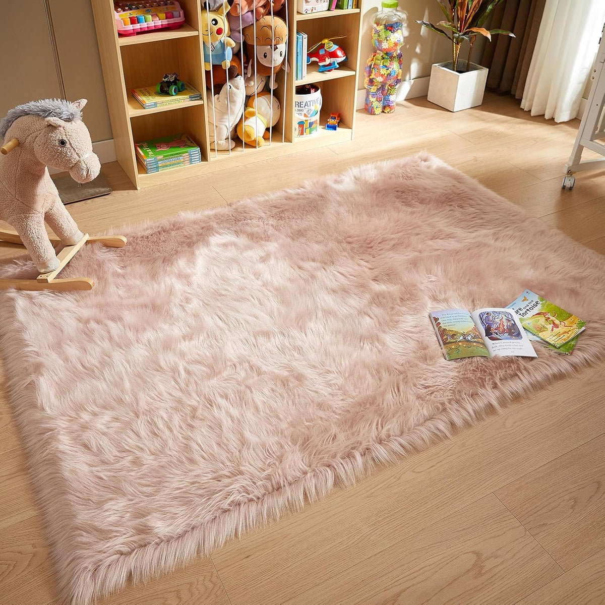AMTOVO Faux Fur Sheepskin Rug for Living Room, 4 x 6 ft Pink Fluffy Area Rug for Bedroom, Playroom