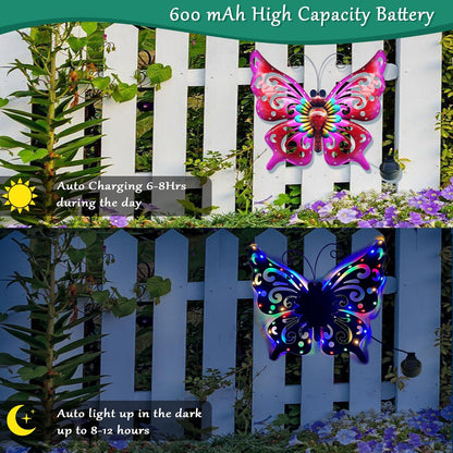Solar Garden Light, Metal Butterfly Wall Art, 19" Large Hanging Decor for Garden Patio Fences Porch