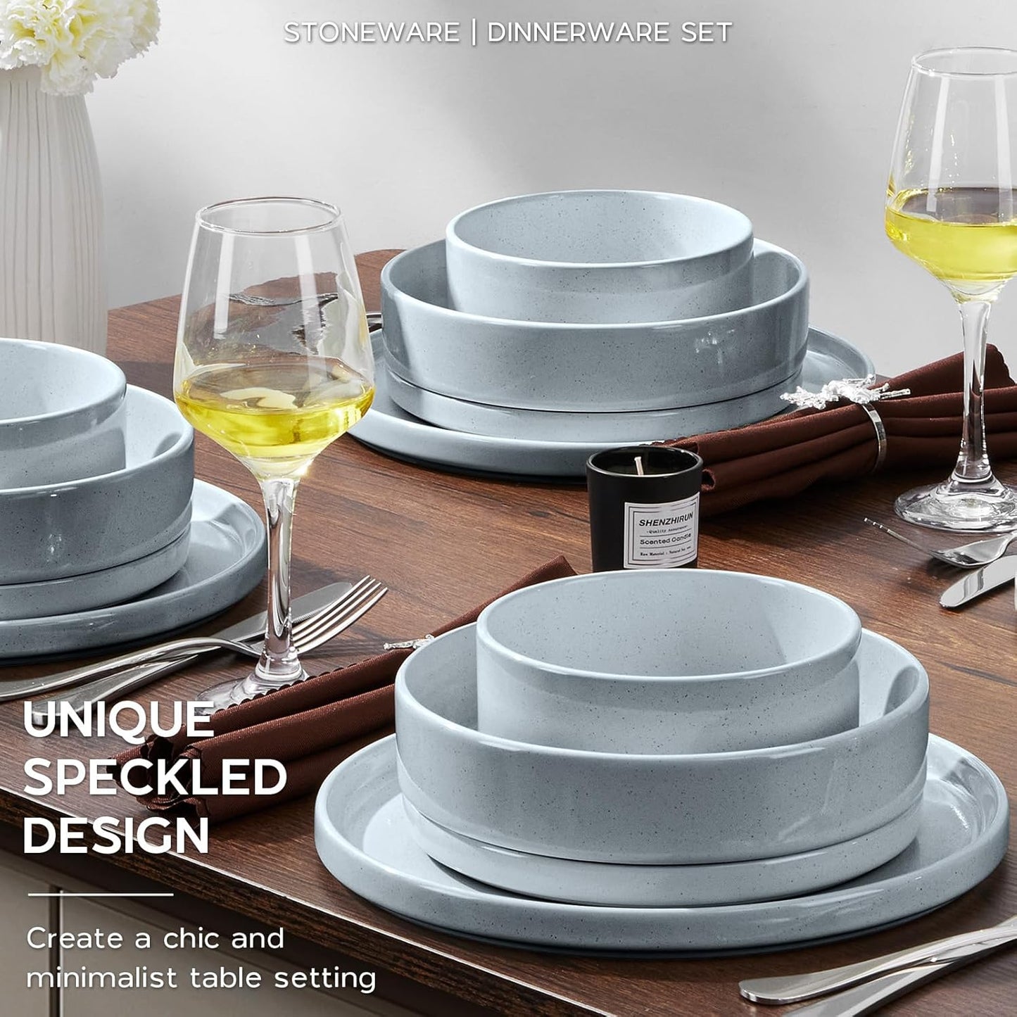 Onader Dinner Plates and Bowls Sets, 8 Pieces Stoneware Dinnerware Service for 2, Gray Ceramic