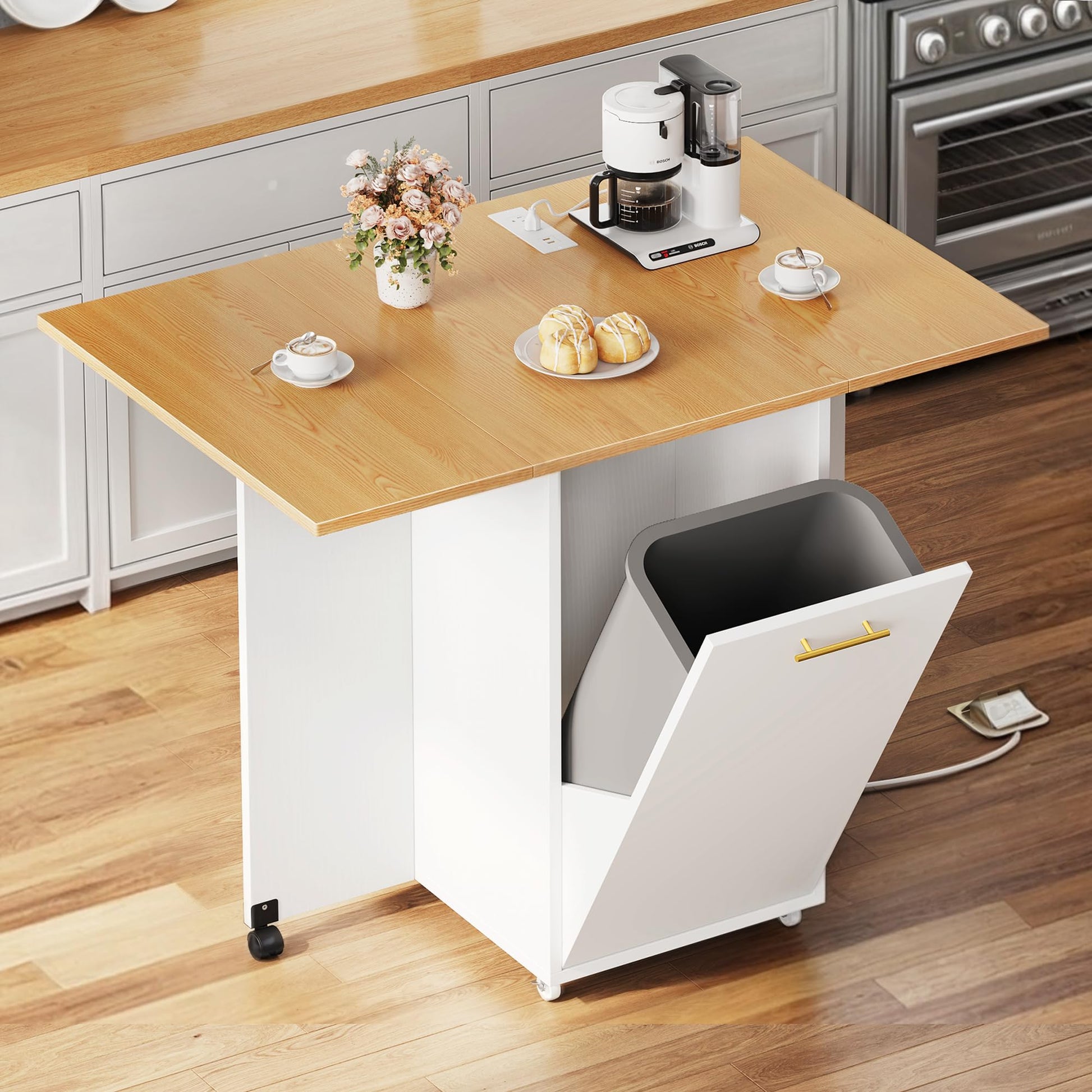 YITAHOME Folding Kitchen Table with Power Outlet, Drop Leaf Kitchen Table Islands for 2 on Wheels