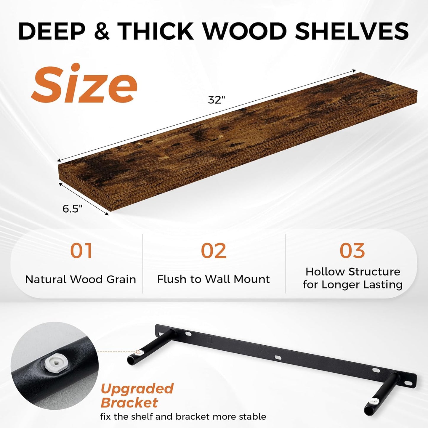 32Inch Floating Shelves for Wall 2 Pack Wood Shelves for Kitchen, Bathroom, Bedroom Wall Mounted