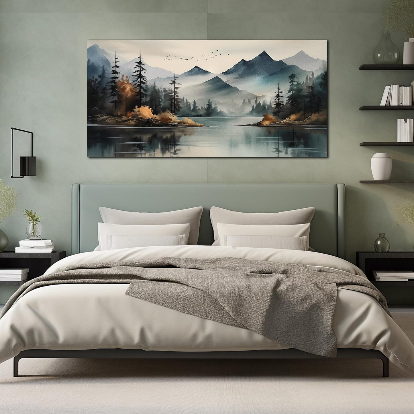 Rustic Wall Art for Living Room Large Size Teal Mountain Tree Landscape Canvas Wall Art for Bedroom