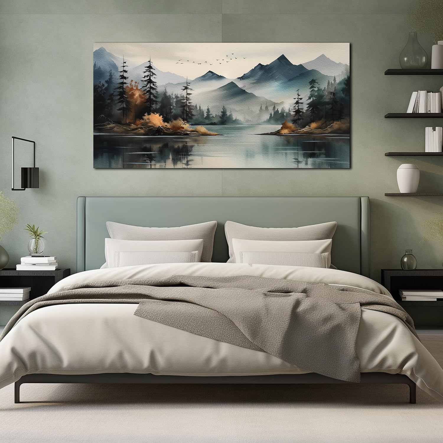 Rustic Wall Art for Living Room Large Size Teal Mountain Tree Landscape Canvas Wall Art for Bedroom