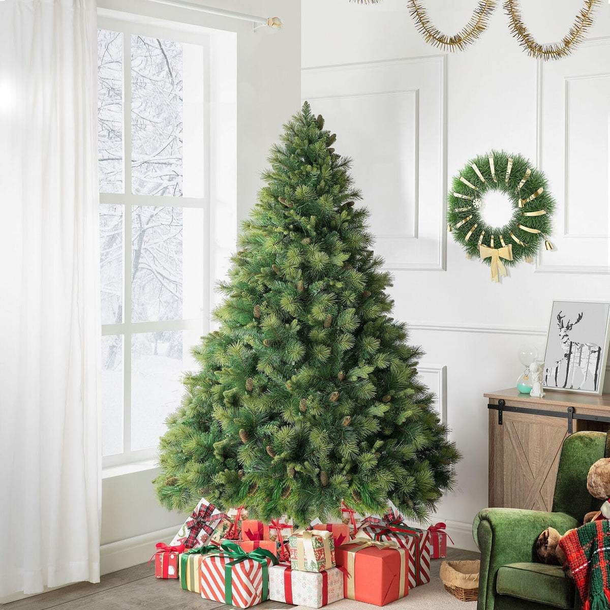 Naomi Home Vail 4.5ft Prelit Artificial Christmas Tree with Pine Cones, Foot Pedal, 561 Branch
