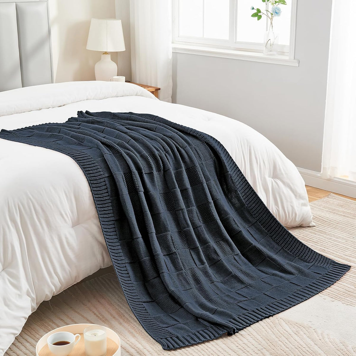 CozeCube Check Knit Throw Blanket, Midnight Navy Checkered Throw for Couch, Decorative Christmas