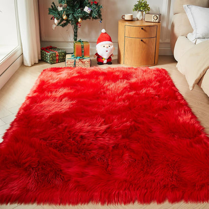 AMTOVO Faux Fur Sheepskin Rug for Living Room, 4 x 6 ft Red Fluffy Area Rug for Bedroom, Playroom