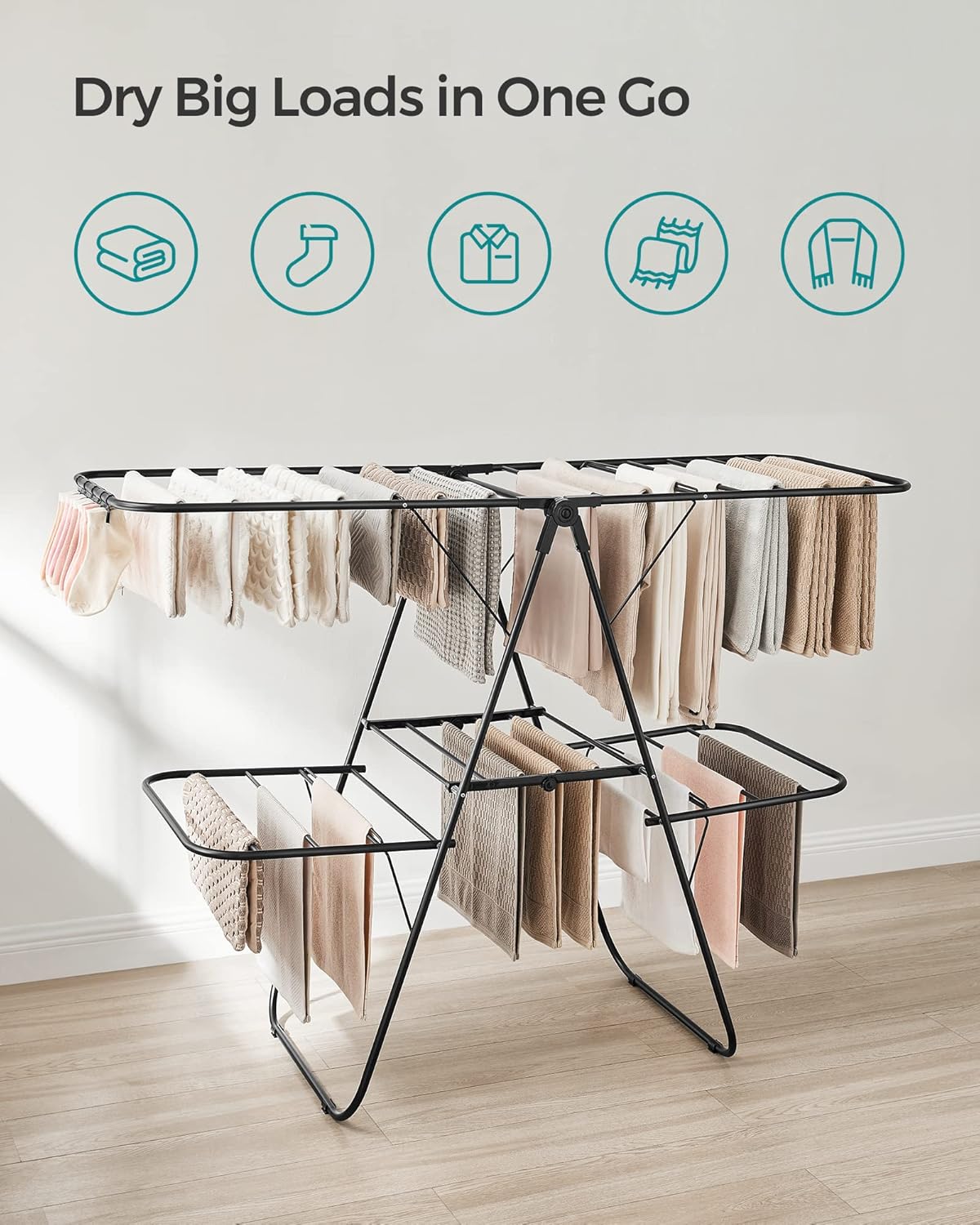 SONGMICS Clothes Drying Rack, Foldable 2-Level Laundry Drying Rack, Free-Standing Laundry Airer