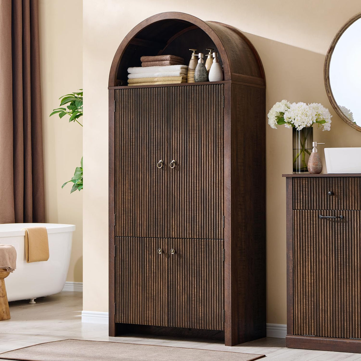 71" Tall Arched Bathroom Storage Cabinet, Modern Fluted Storage Cabinet w/Doors, 3 Adjustable