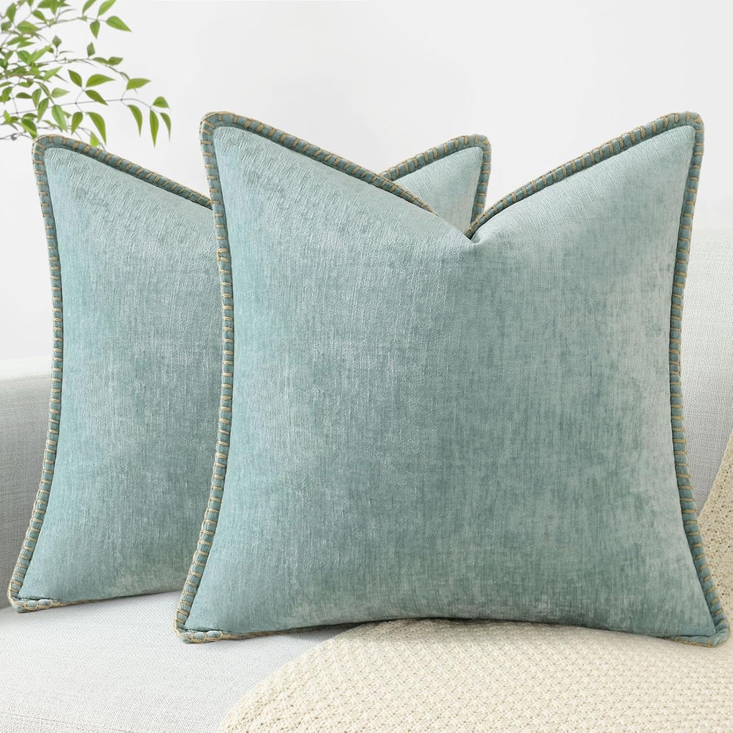 decorUhome Chenille Soft Throw Pillow Covers 24x24 Set of 2, Farmhouse Velvet Neutral Decorative