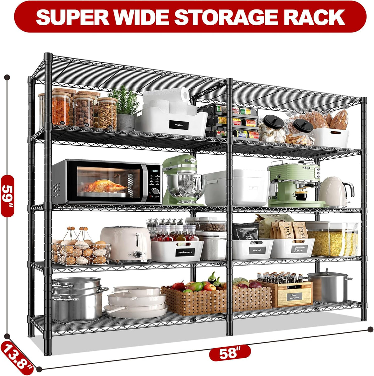 REIBII 5 Tier Wire Shelving Storage Shelves Loads 1430LBS, 58" W Metal Shelving Unit for Storage