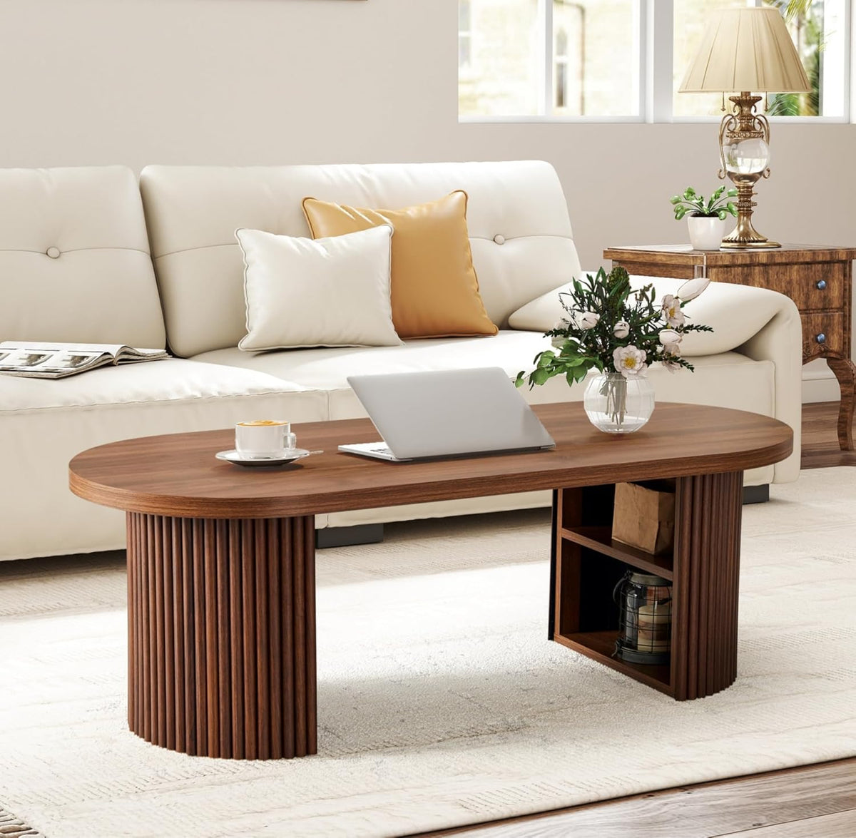 Oval Fluted Coffee Table, 47" Farmhouse Wood Coffee Table Mid Century Modern Center Table Boho