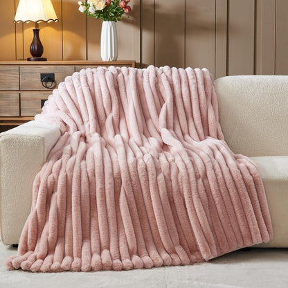 NEWCOSPLAY Faux Fur Twin Blanket Pink 3D Ribbed Plush Thick Warm Blanket for Couch Sofa Bed 850GSM