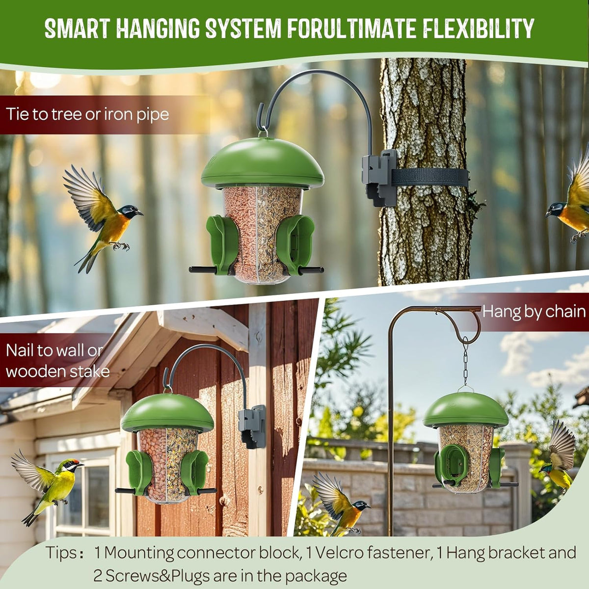 LONA Bird Feeders for Outdoors Hanging – 3 Separate Compartments, 3 Feeding Ports, Weatherproof